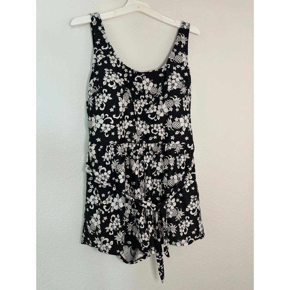 Blair Womens 20W Swim Dress Black White Floral Pineapple One Piece Swimsuit